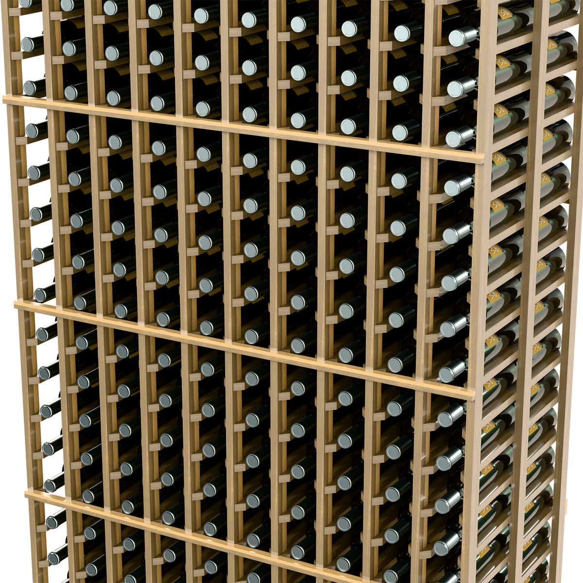 Close-up of light wood wine rack grid with round metal bottle rests