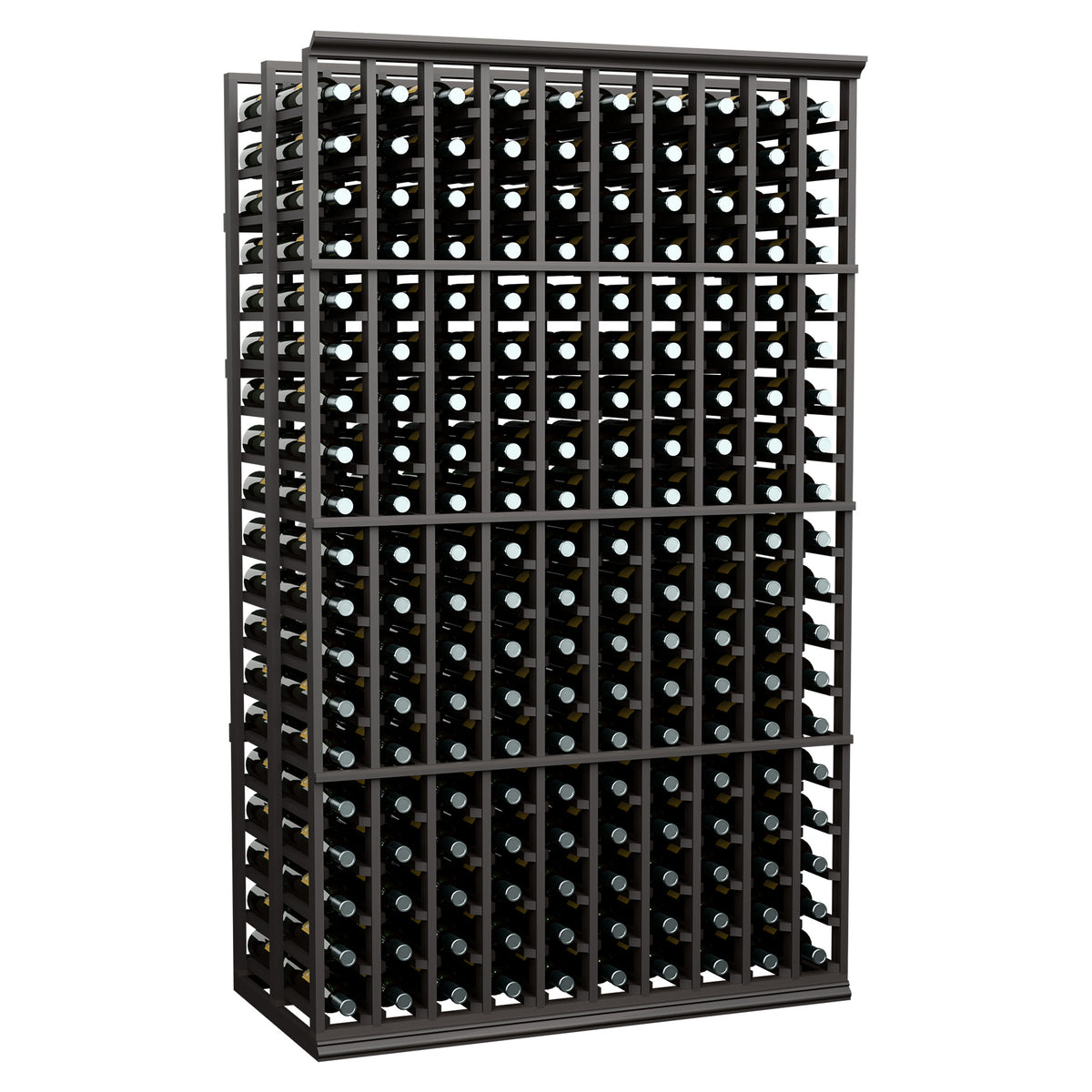 10-column double-deep wine bottle rack with dark frame and metal bottle holders