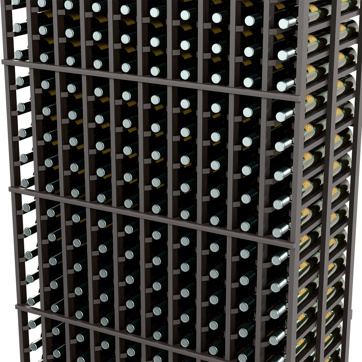 Close-up of dark wine rack with grid rows and round metal bottle holders