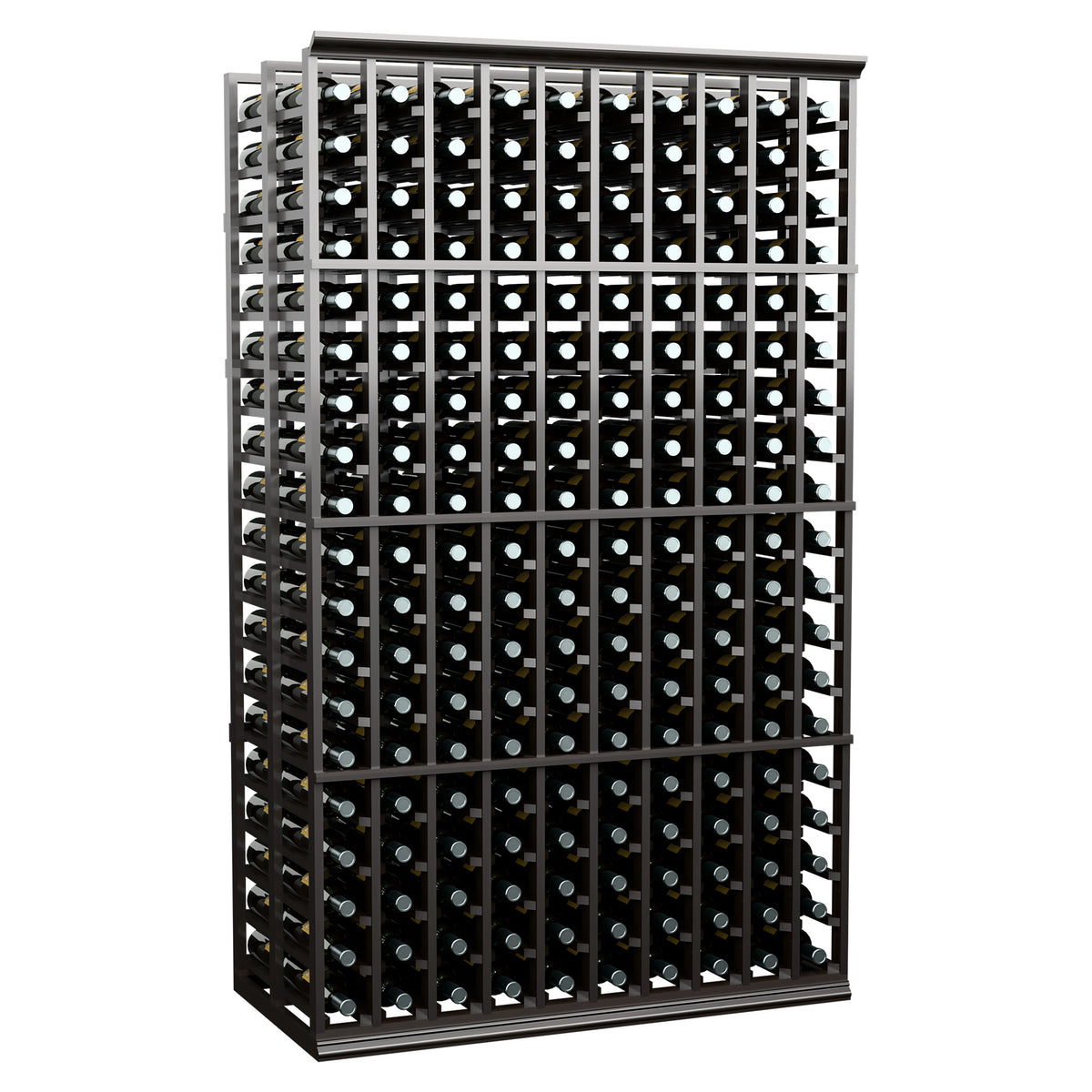10-column double-deep wine bottle rack with black frame and metal bottle holders
