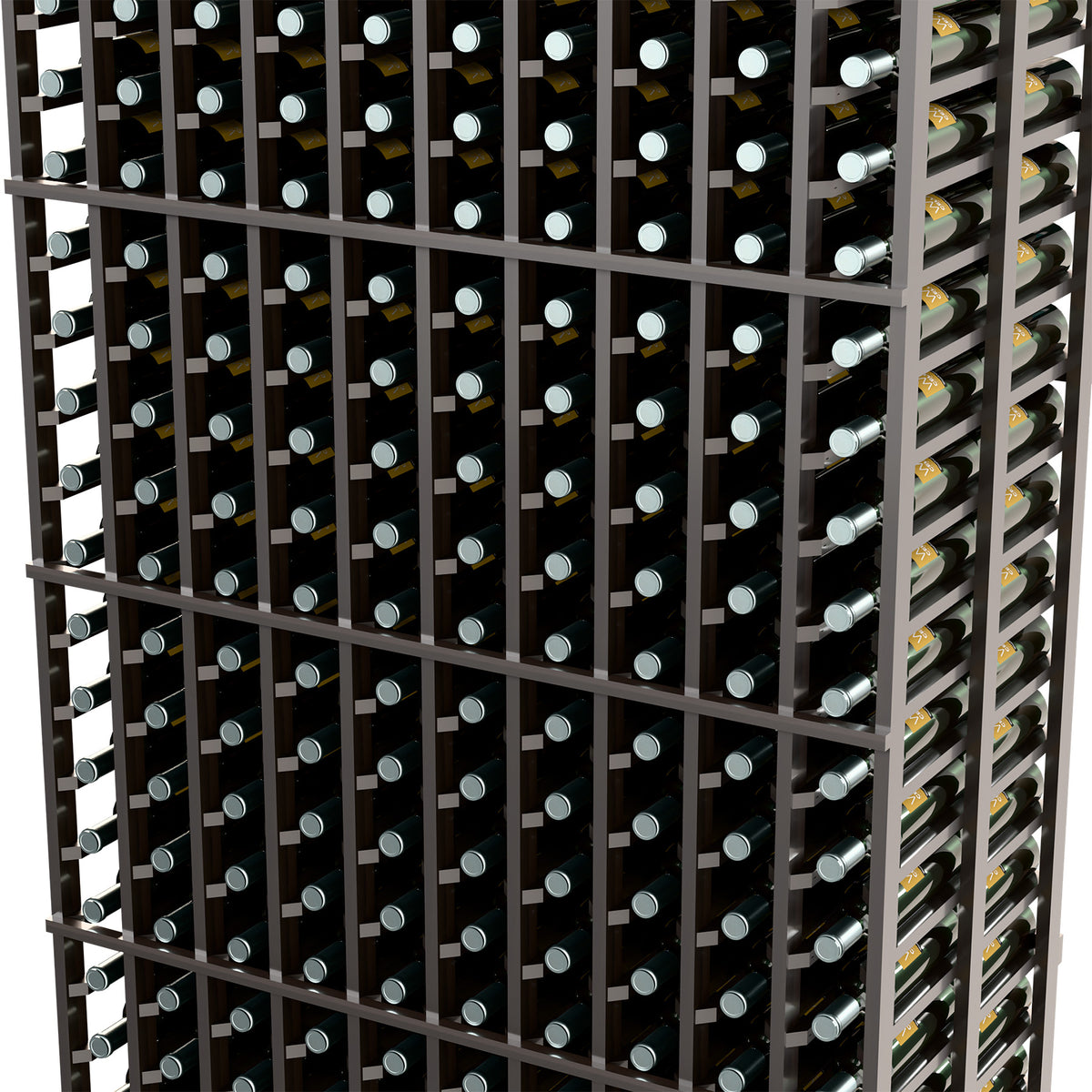 Close-up of black wine rack grid with round metal bottle rests