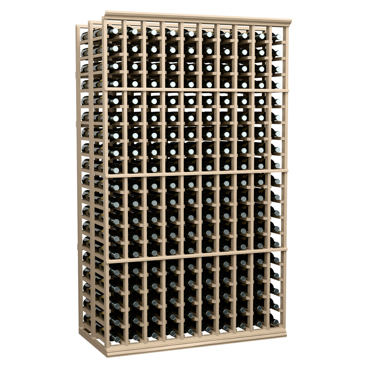 Wine bottle rack with 10 columns and open wooden grid, holds bottles horizontally