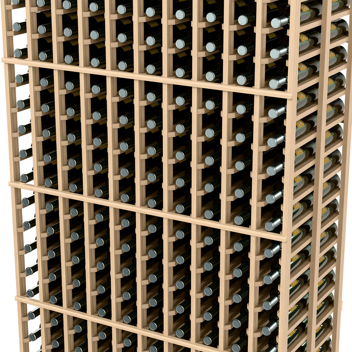Wine bottle rack close-up: light wooden grid with silver bottle ends for horizontal storage