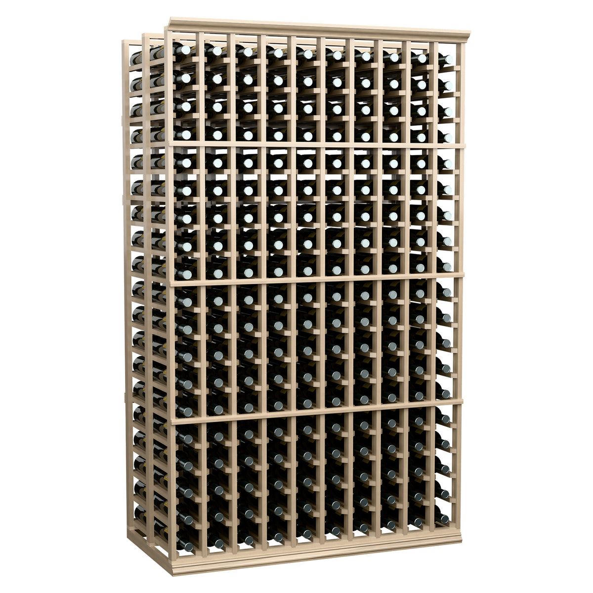 Wine bottle rack front view with 10 columns, open wood frame and bottle storage