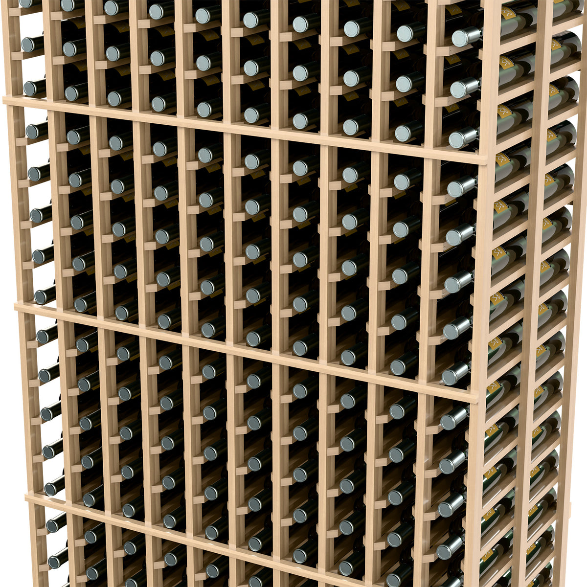Wine bottle rack close-up: light wood grid with silver bottle ends and horizontal slots