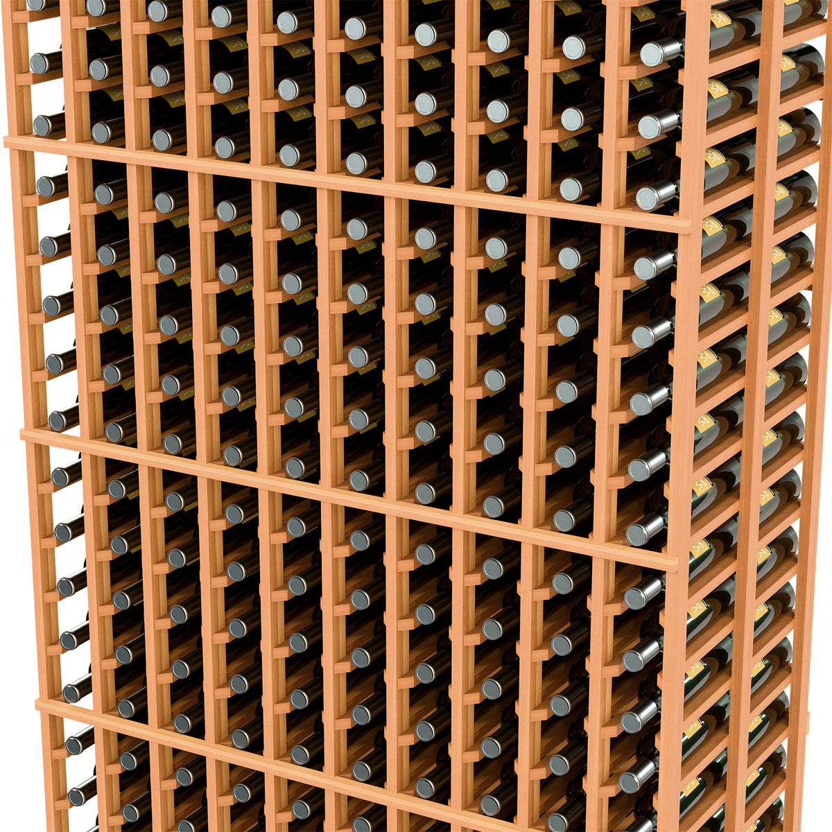 Wine bottle rack close-up: warm light wood grid with silver bottle ends for horizontal storage
