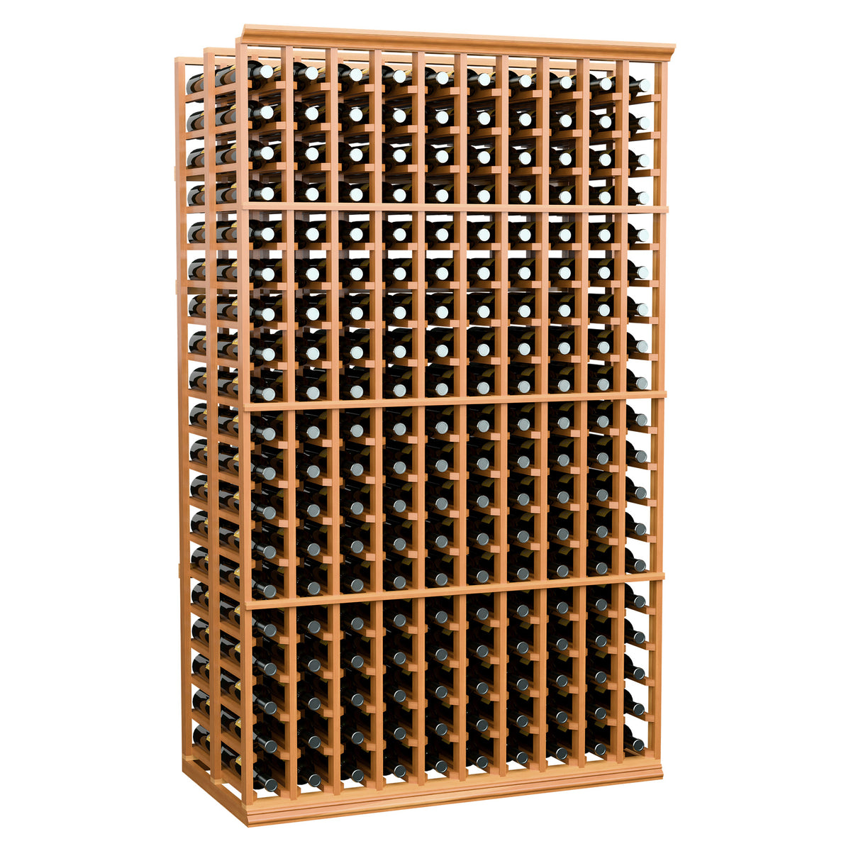 Wine bottle rack front view with 10 columns, warm wood frame and bottle storage