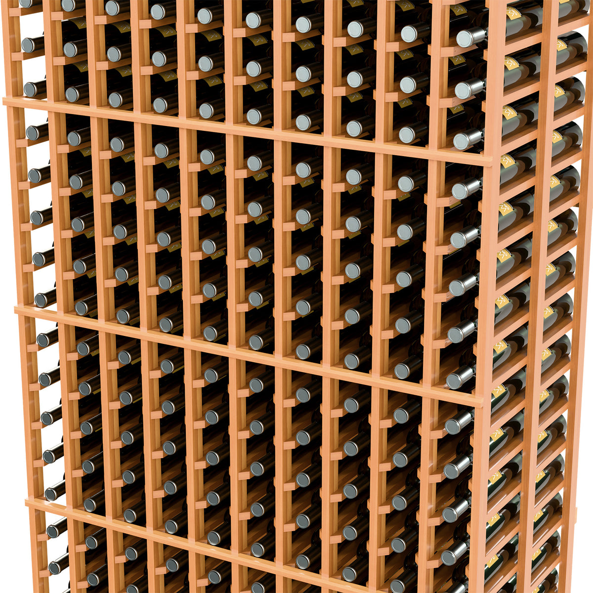 Wine bottle rack close-up: warm wood grid with silver bottle ends and horizontal slots