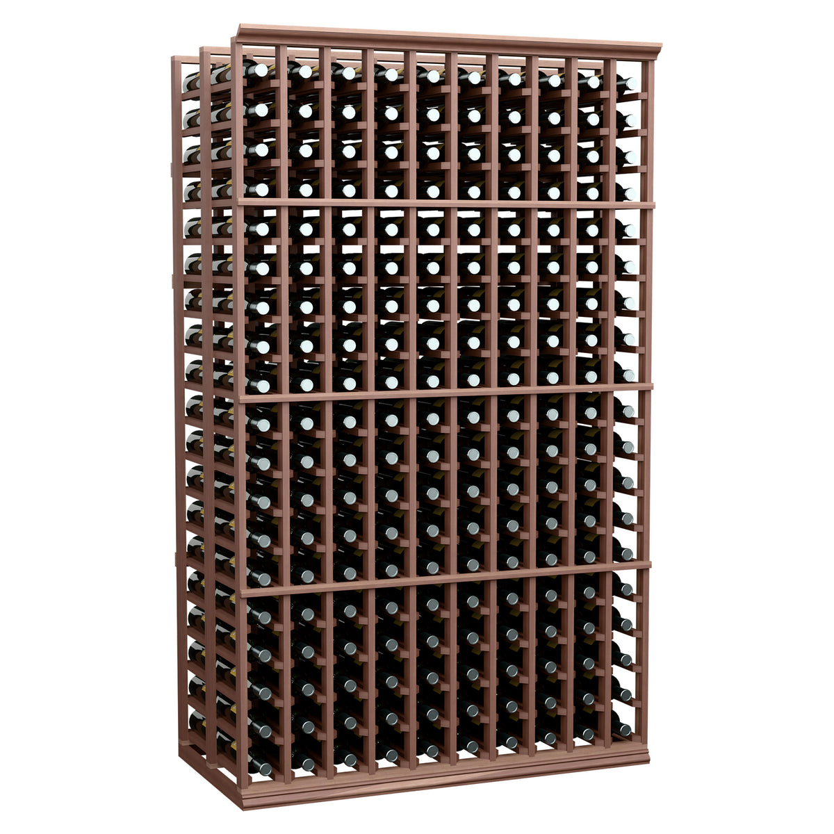 Wine bottle rack with 10 columns, dark wood frame and open bottle storage grid