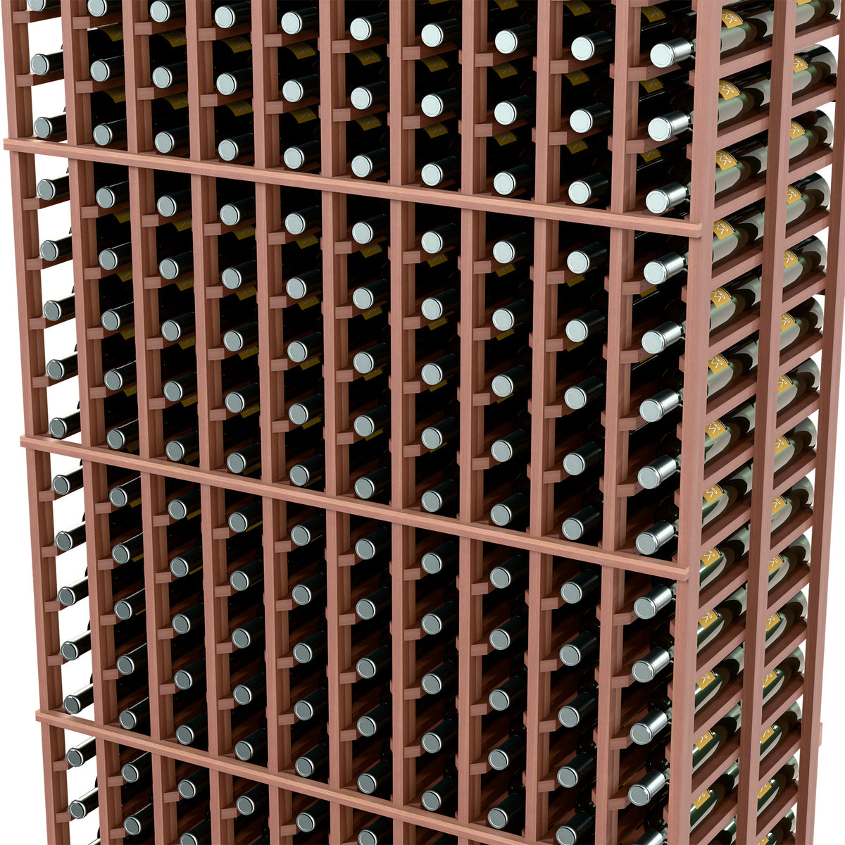 Wine bottle rack close-up: dark wood grid with silver bottle ends for horizontal storage