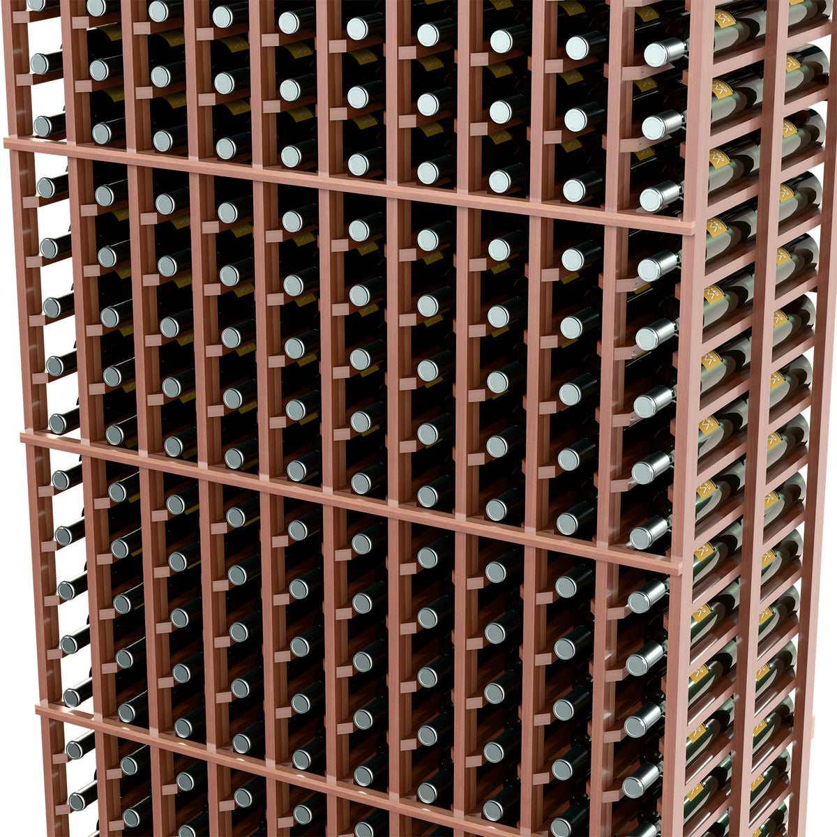 Close-up of dark wood wine bottle rack with metal holders in grid rows