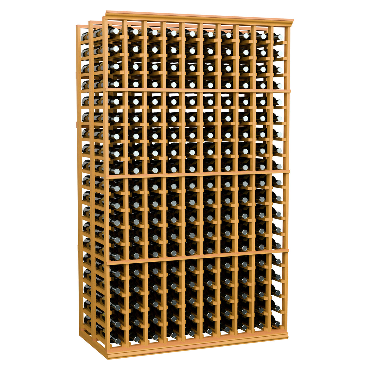 10-column double-deep wine bottle rack with light wood frame and metal bottle holders