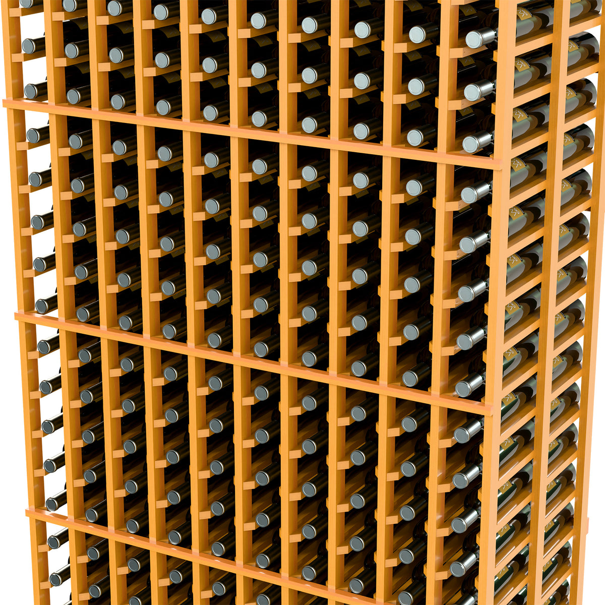 Close-up of light wood wine bottle rack with metal holders in grid rows