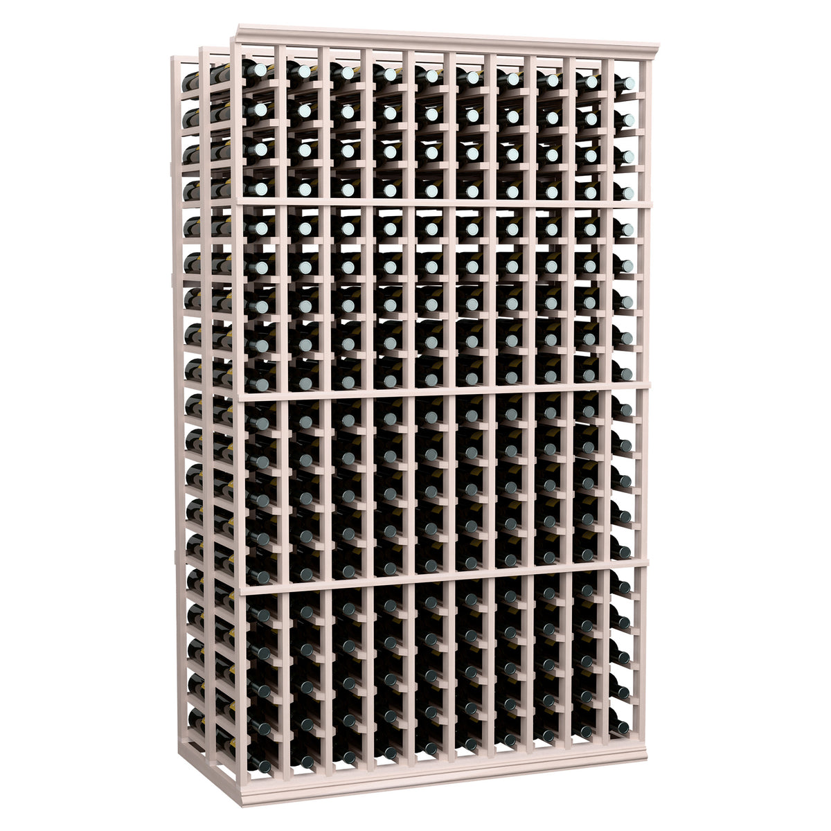 10-column double-deep wine bottle rack with gray wood frame and metal bottle holders