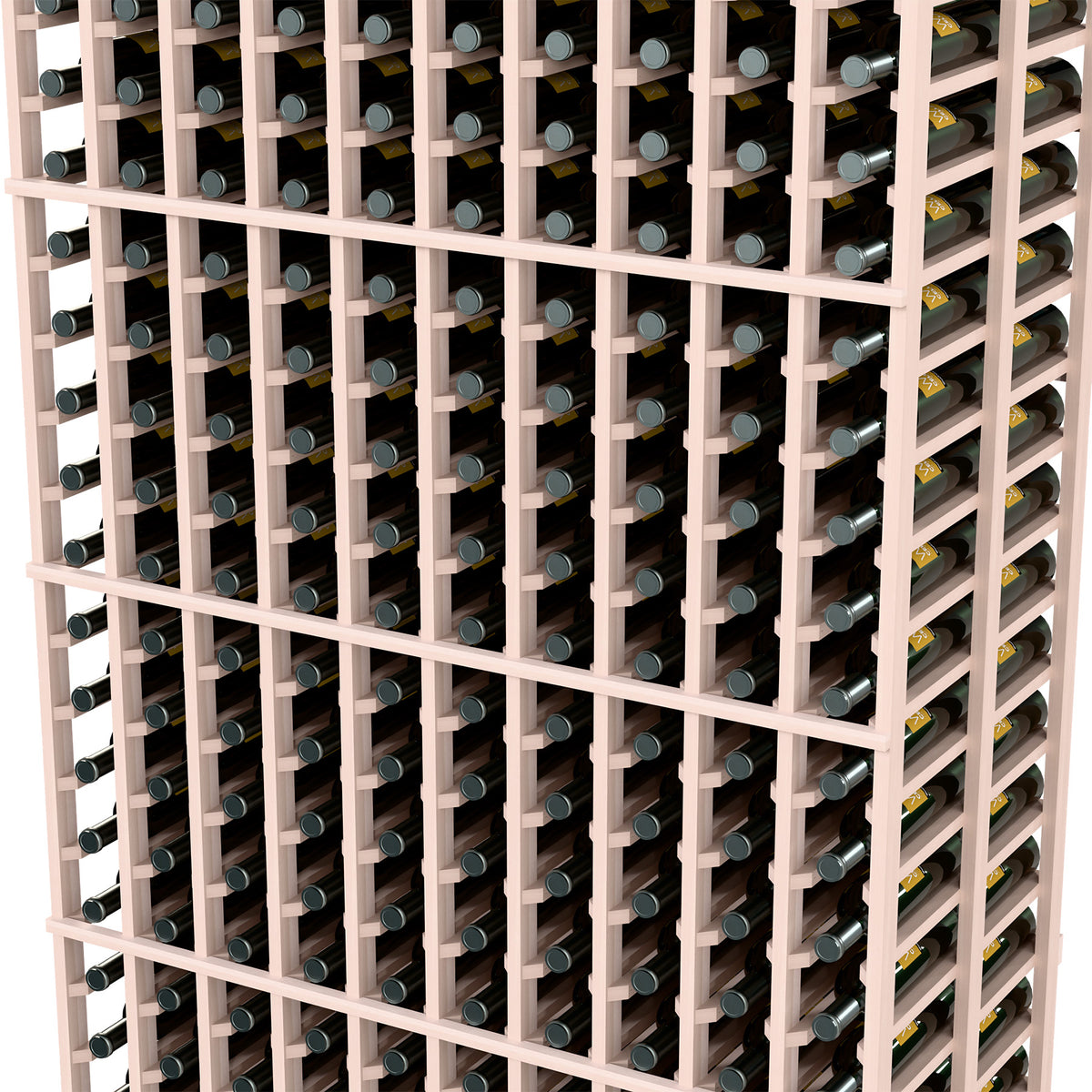 Close-up of gray wood wine bottle rack with metal holders in grid rows