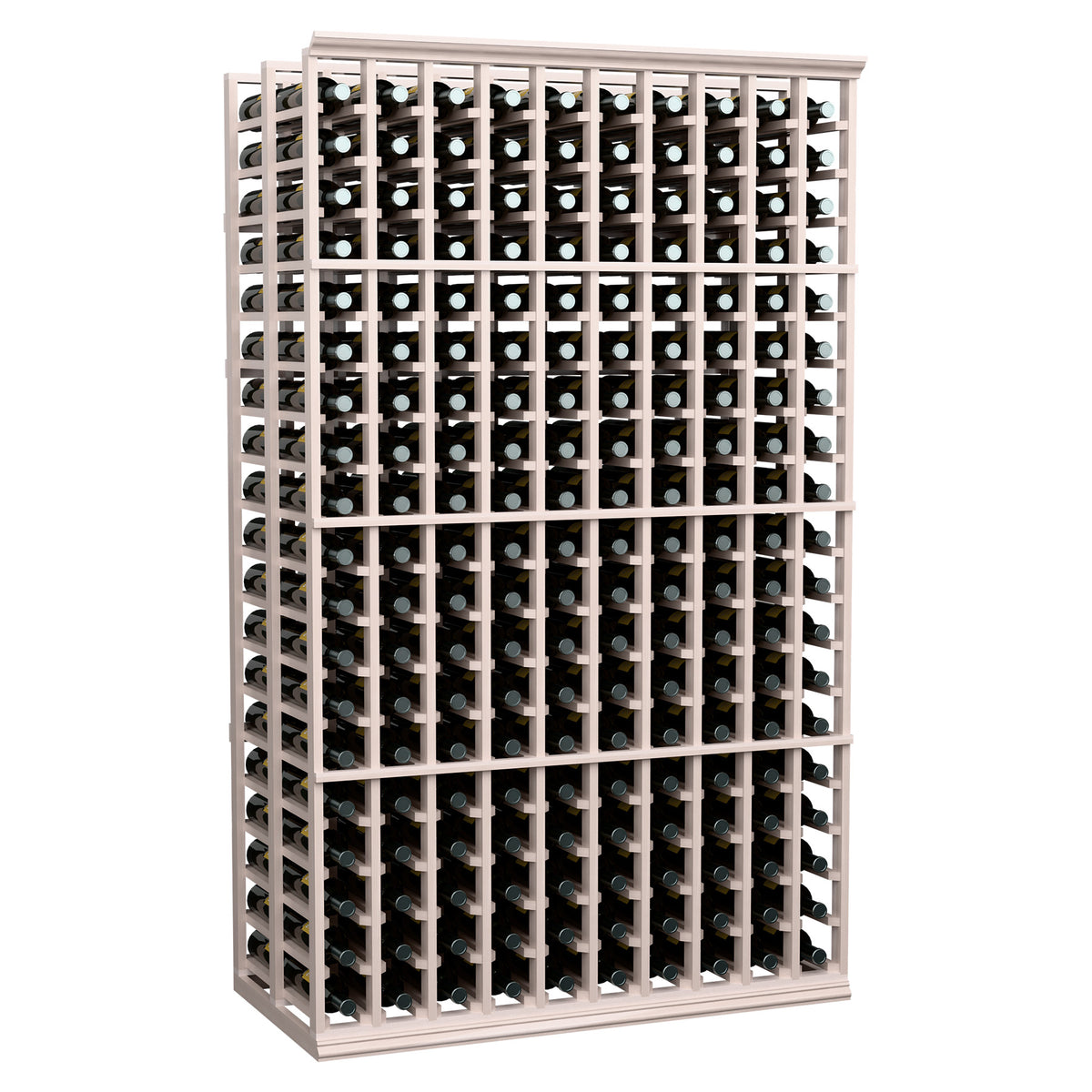 10-column double-deep wine bottle rack with gray wood frame and metal bottle holders