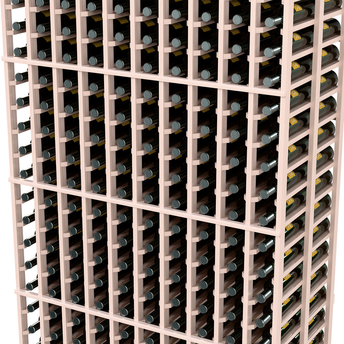 Close-up of gray wood wine bottle rack with metal holders in grid rows