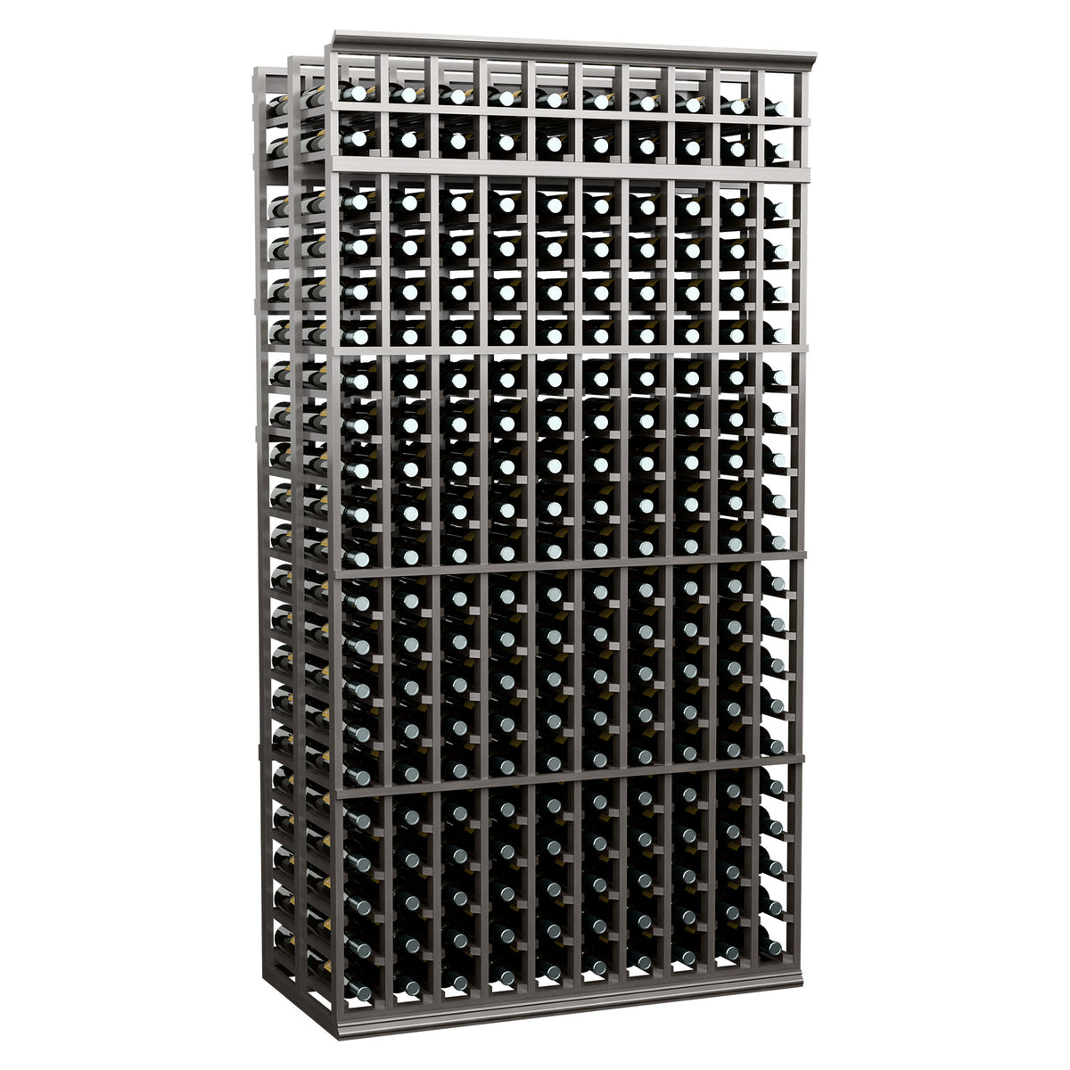 10-column double-deep wine bottle rack, 7 ft tall, dark gray with wine bottle holes