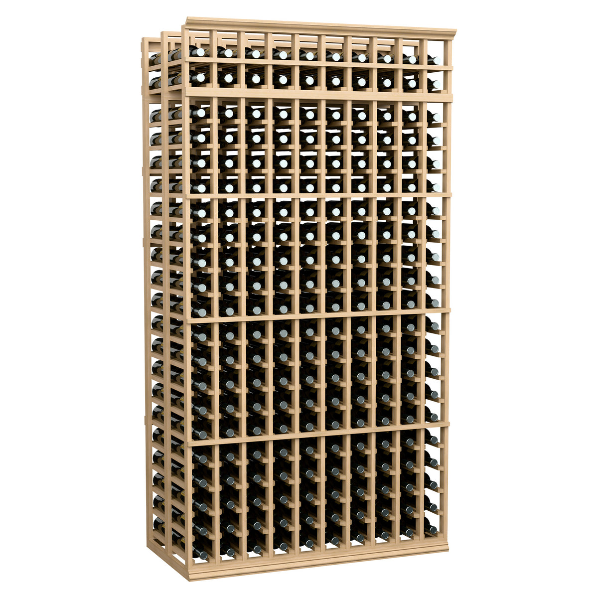 10-column double-deep wine bottle rack, 7 ft tall, light tan frame and grid