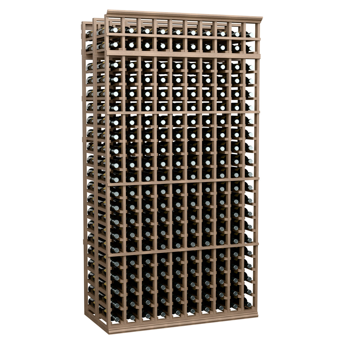 10-column double-deep wine bottle rack, 7 ft tall, light tan frame with bottle slots