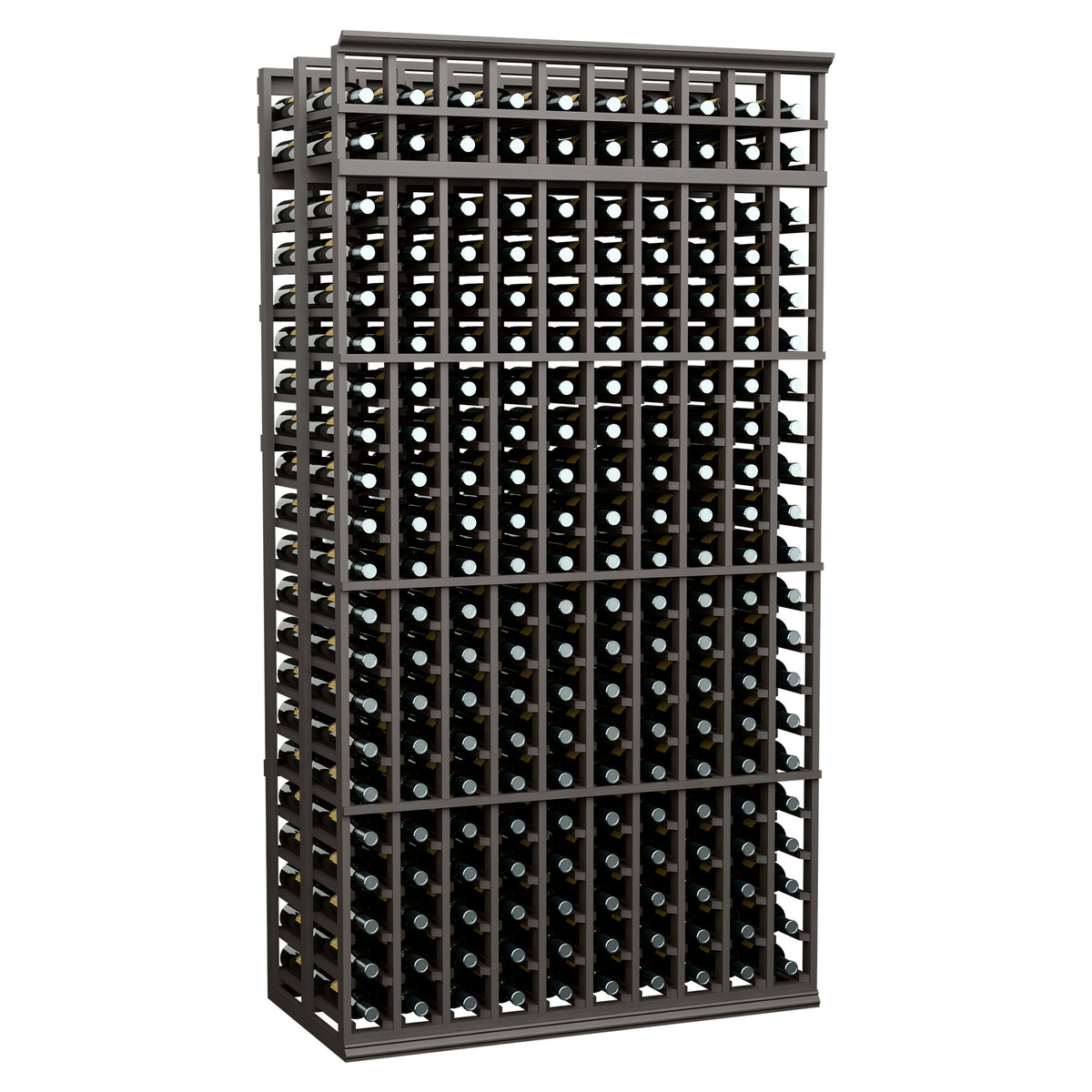 10-column double-deep wine bottle rack, 7 ft tall, dark gray frame and bottle holes