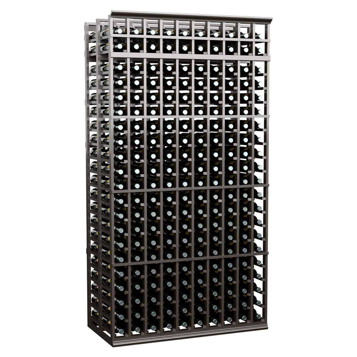 10-column double-deep wine bottle rack, 7 ft tall, dark gray with front bottle openings