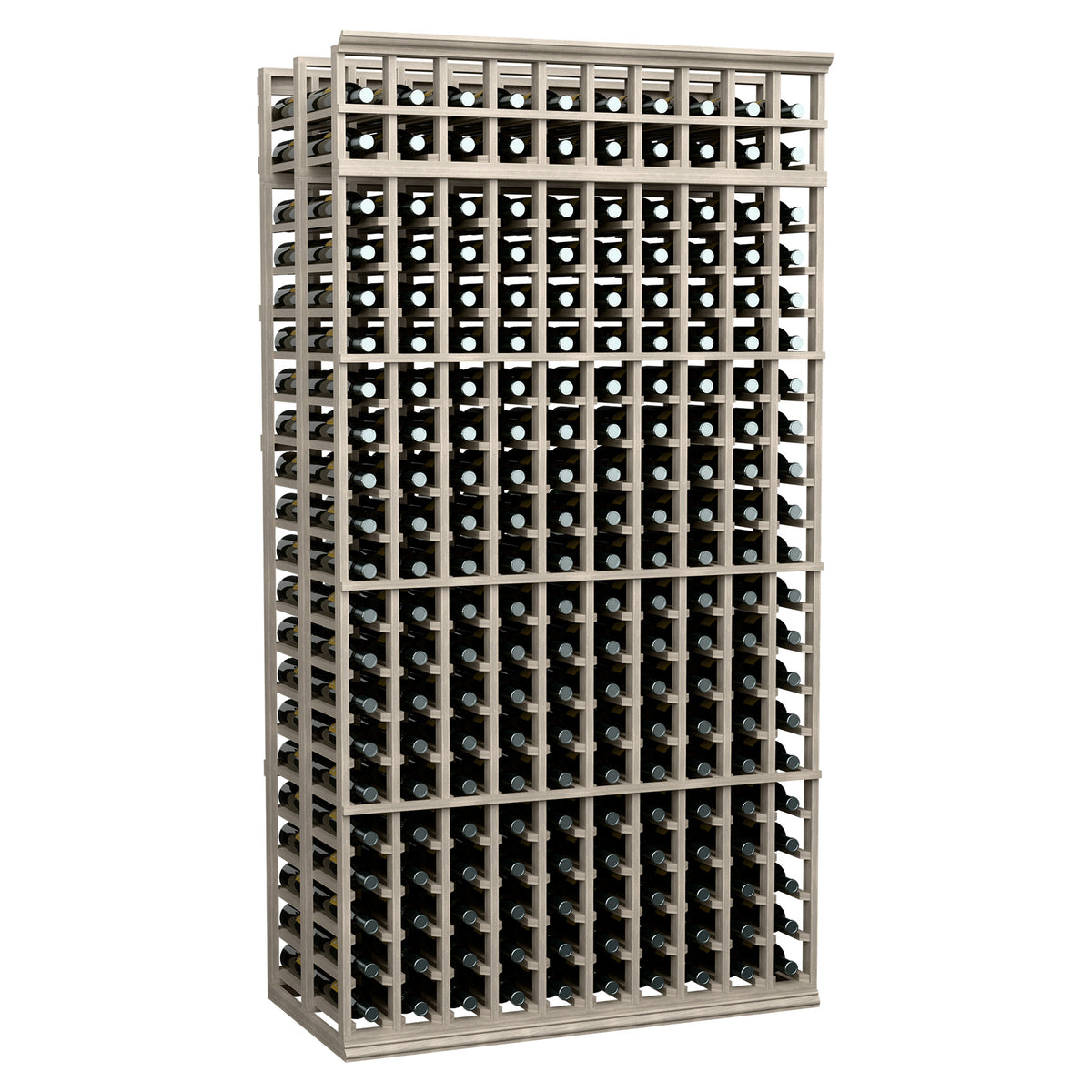 10-column double-deep wine bottle rack, 7 ft, light gray wood with front bottle openings