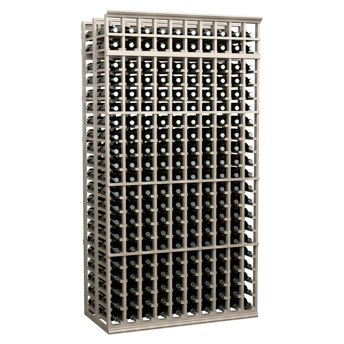 10-column double-deep wine bottle rack, 7 ft, light gray wood with dense bottle storage