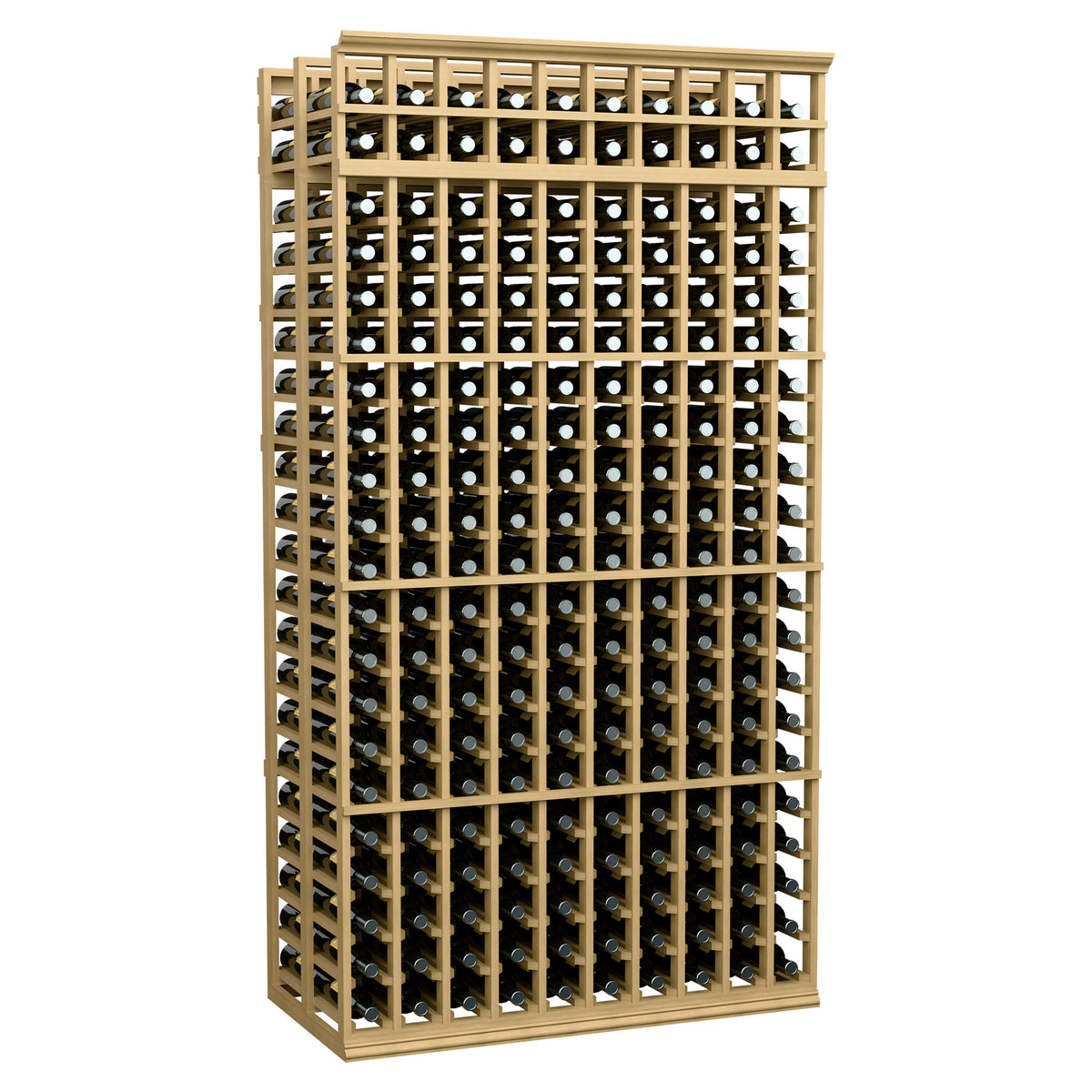 10-column double-deep wine bottle rack, 7 ft, light tan wood with bottle slots
