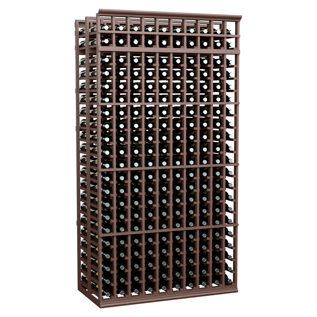 10-column double-deep wine bottle rack, 7 ft, dark brown wood with bottle openings