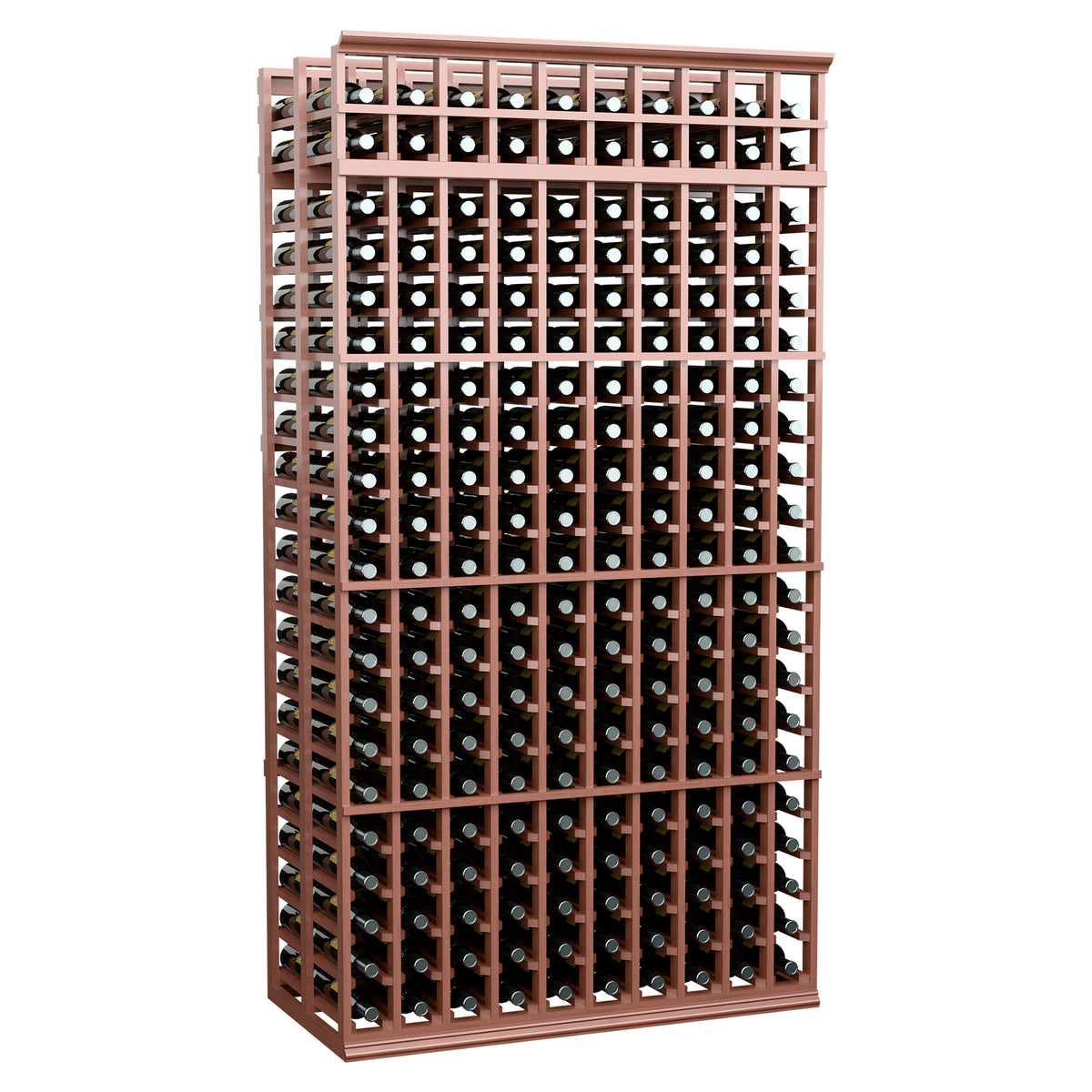 Double-deep wine rack, 10 columns, 7 ft, reddish wood frame, front view