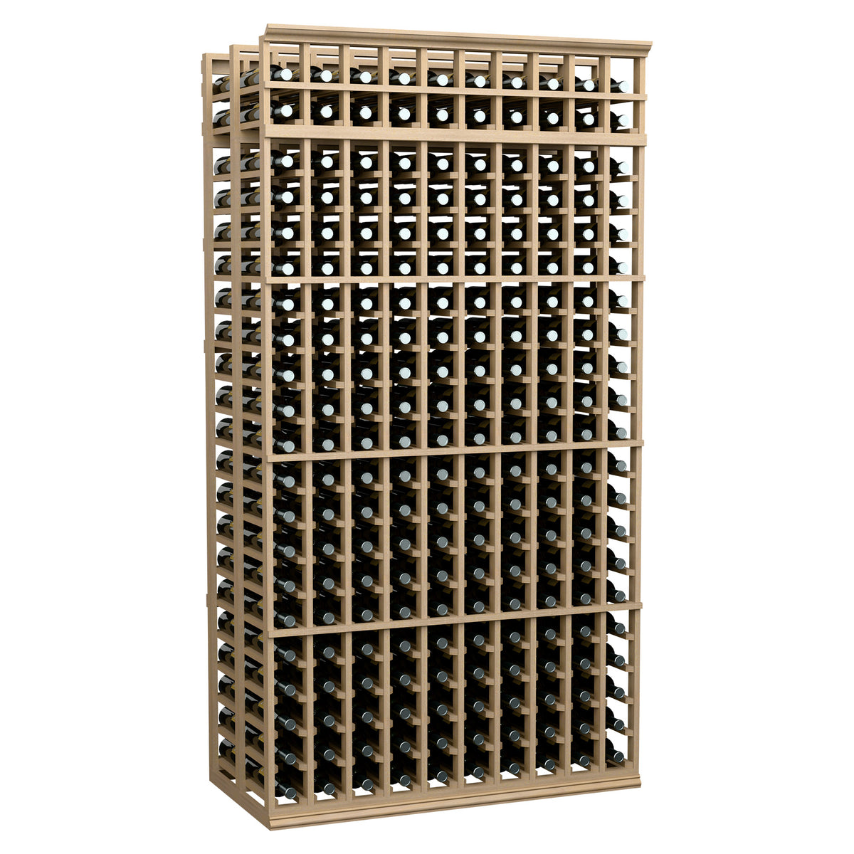 Double-deep wine rack, 10 columns, 7 ft, light wood frame, front view