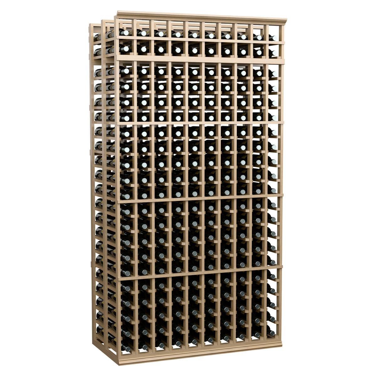 Double-deep wine rack, 10 columns, 7 ft, light wood frame, front view