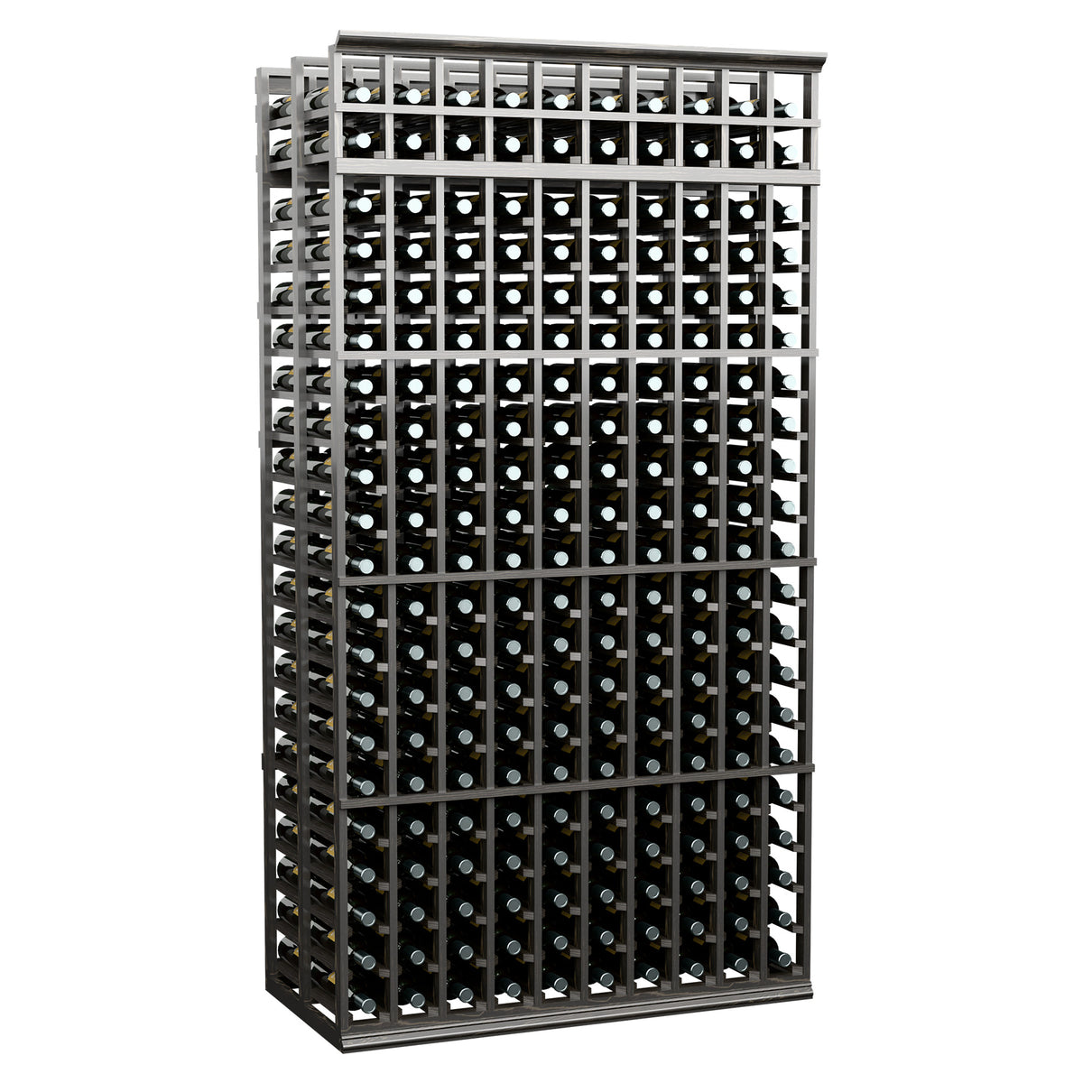Black 10-column double-deep wine rack with grid bottle slots and two deep rows