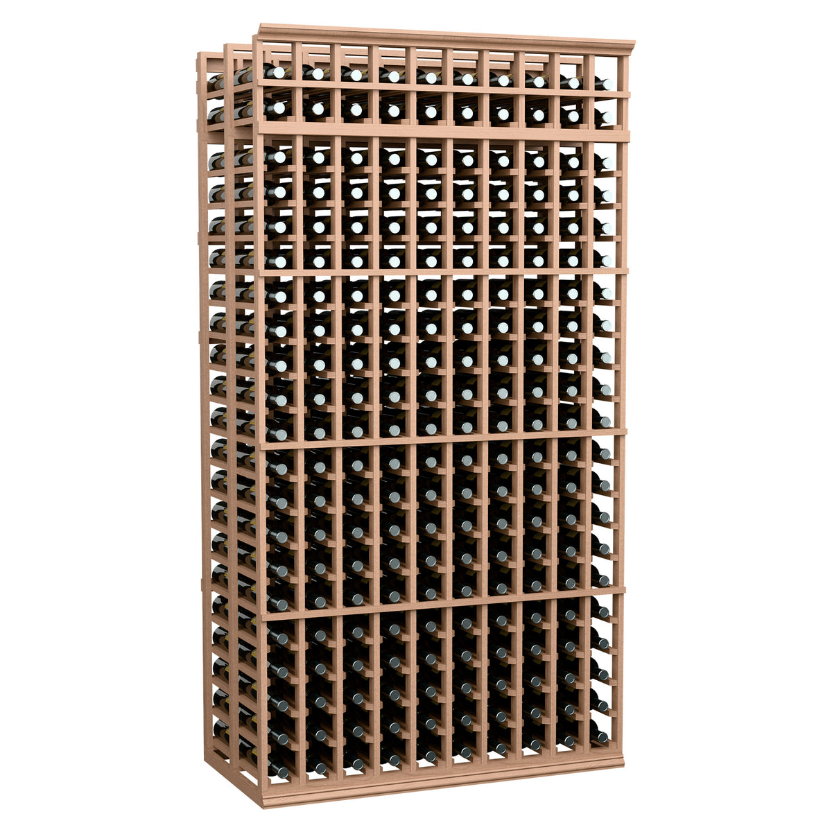Light wood 10-column double-deep wine rack with grid bottle slots and two tiers