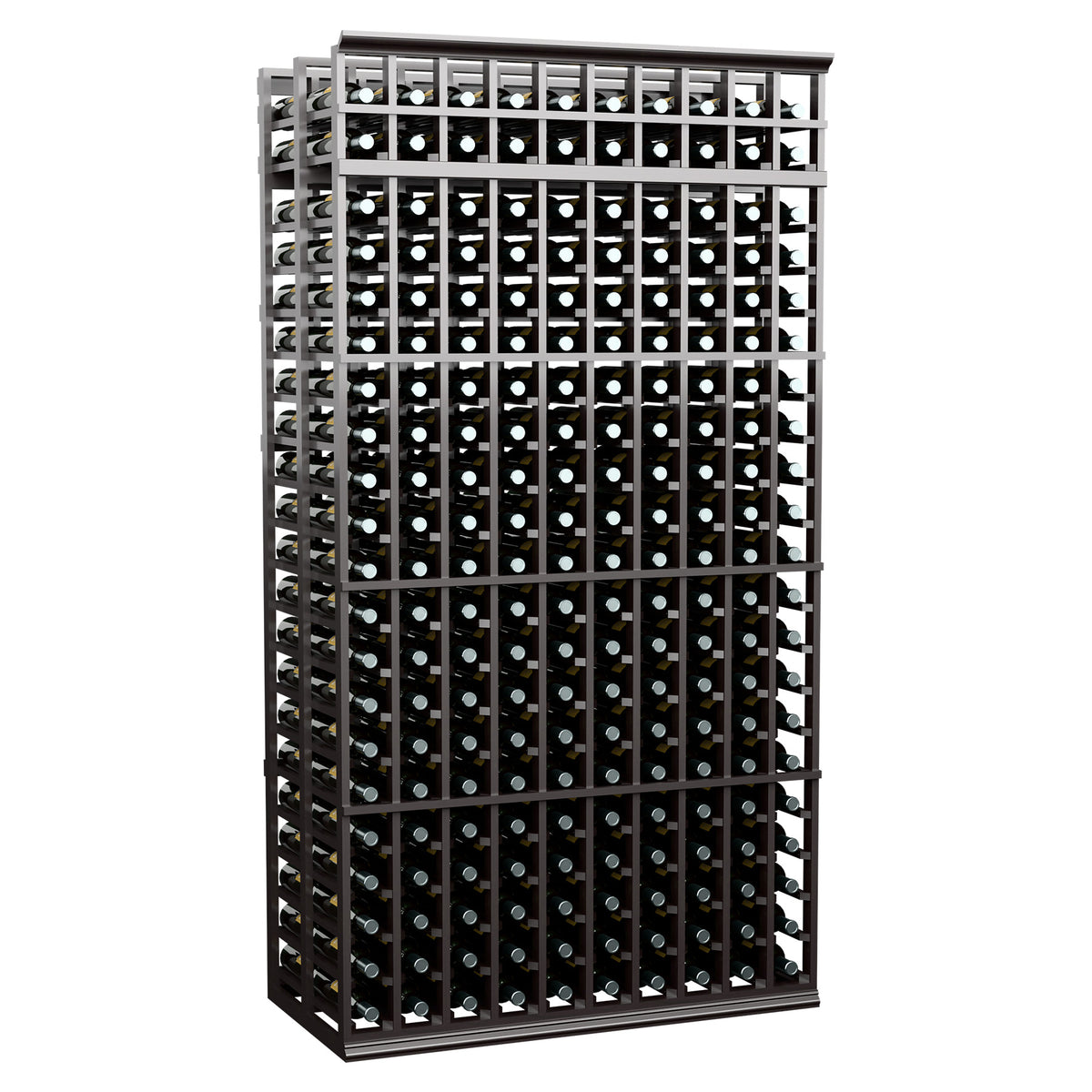 Black 10-column double-deep wine rack with two-tier grid of bottle holders