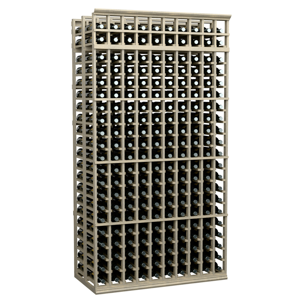 10-column double-deep wine rack, light wood frame with black-backed grid and cork holes