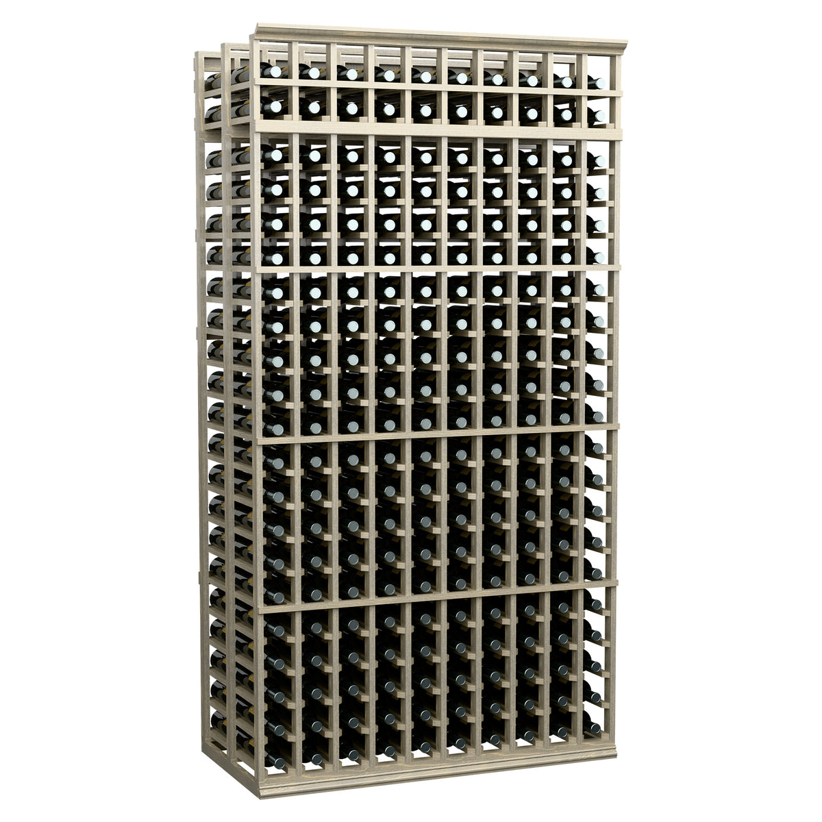 10-column double-deep wine rack with light wood frame, black interior and front bottle openings