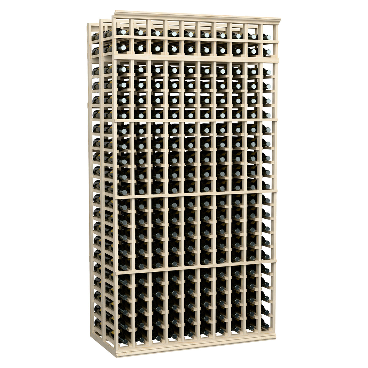 10-column double-deep wine rack in light wood, front grid with round wine bottle slots