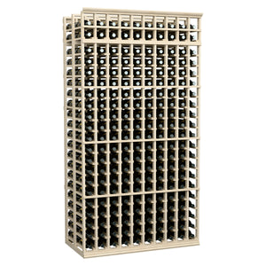 10-column double-deep wine rack in light wood, front grid with round wine bottle slots