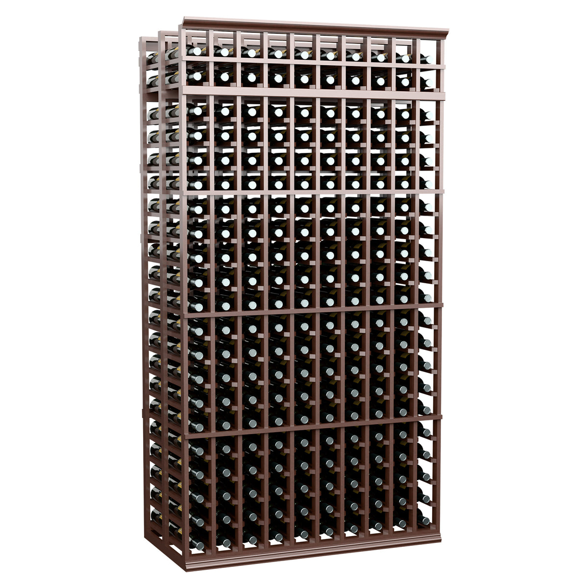 10-column double-deep wine rack, dark stained frame with black interior and evenly spaced holes