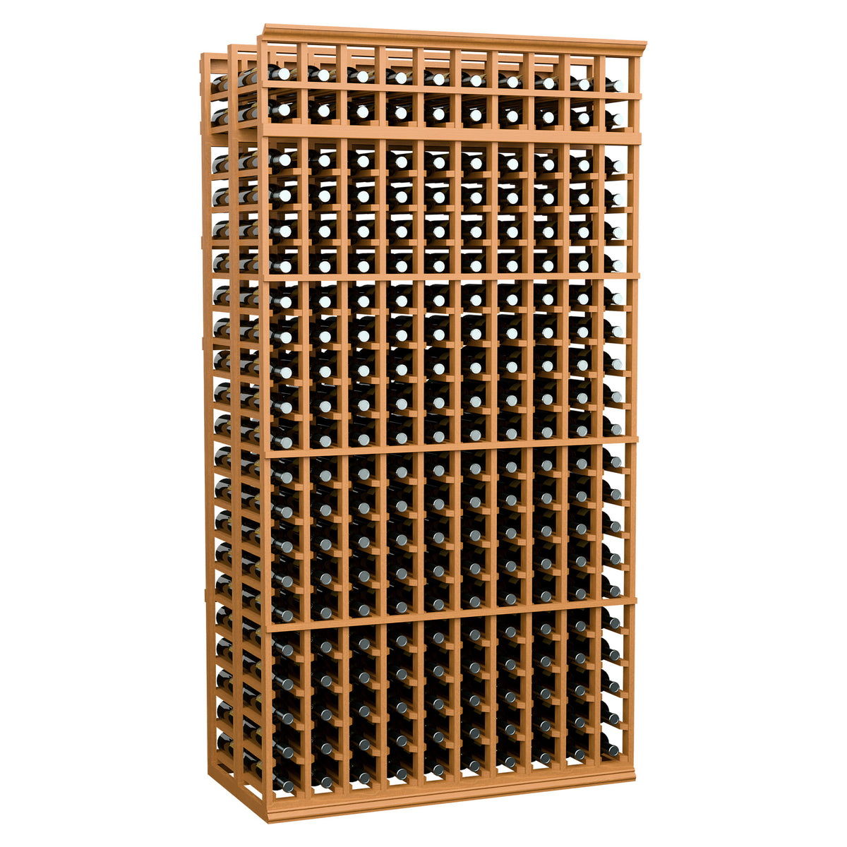10-column double-deep wine rack, natural wood frame with light grid and front wine bottle rows