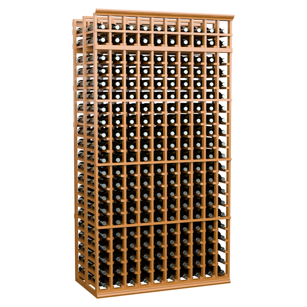10-column double-deep wine rack in warm wood tones, front grid with round bottle openings