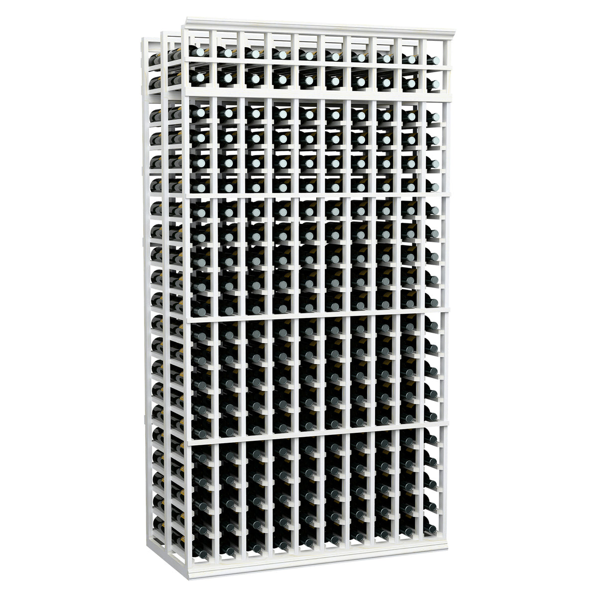 10-column double-deep wine rack, white-painted frame with black backing and round bottle slots