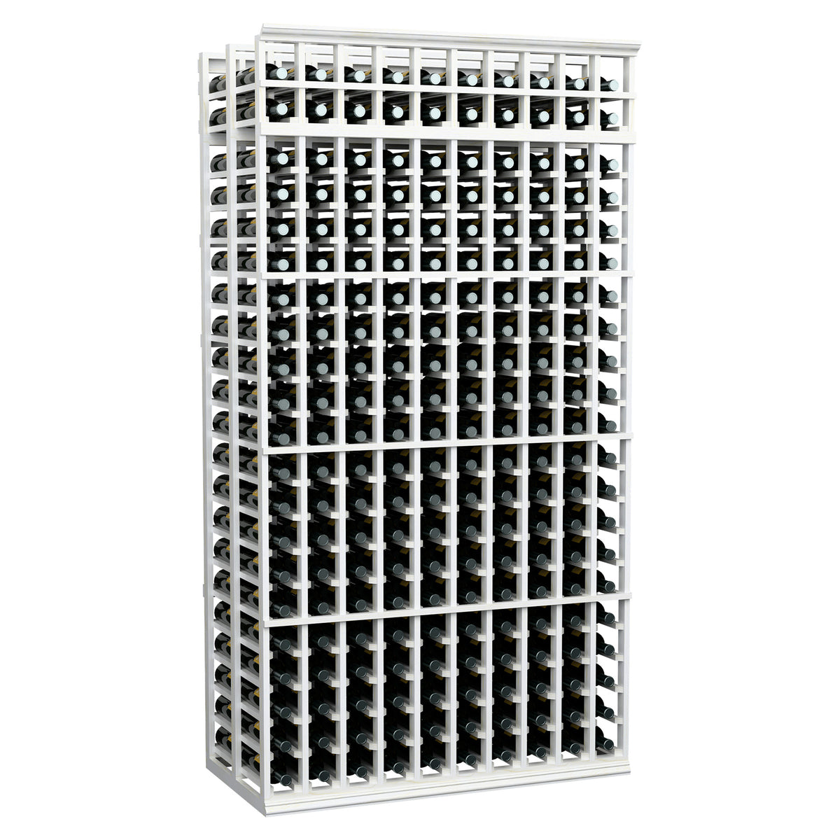 10-column double-deep wine rack, white frame with black grid and multiple bottle rows