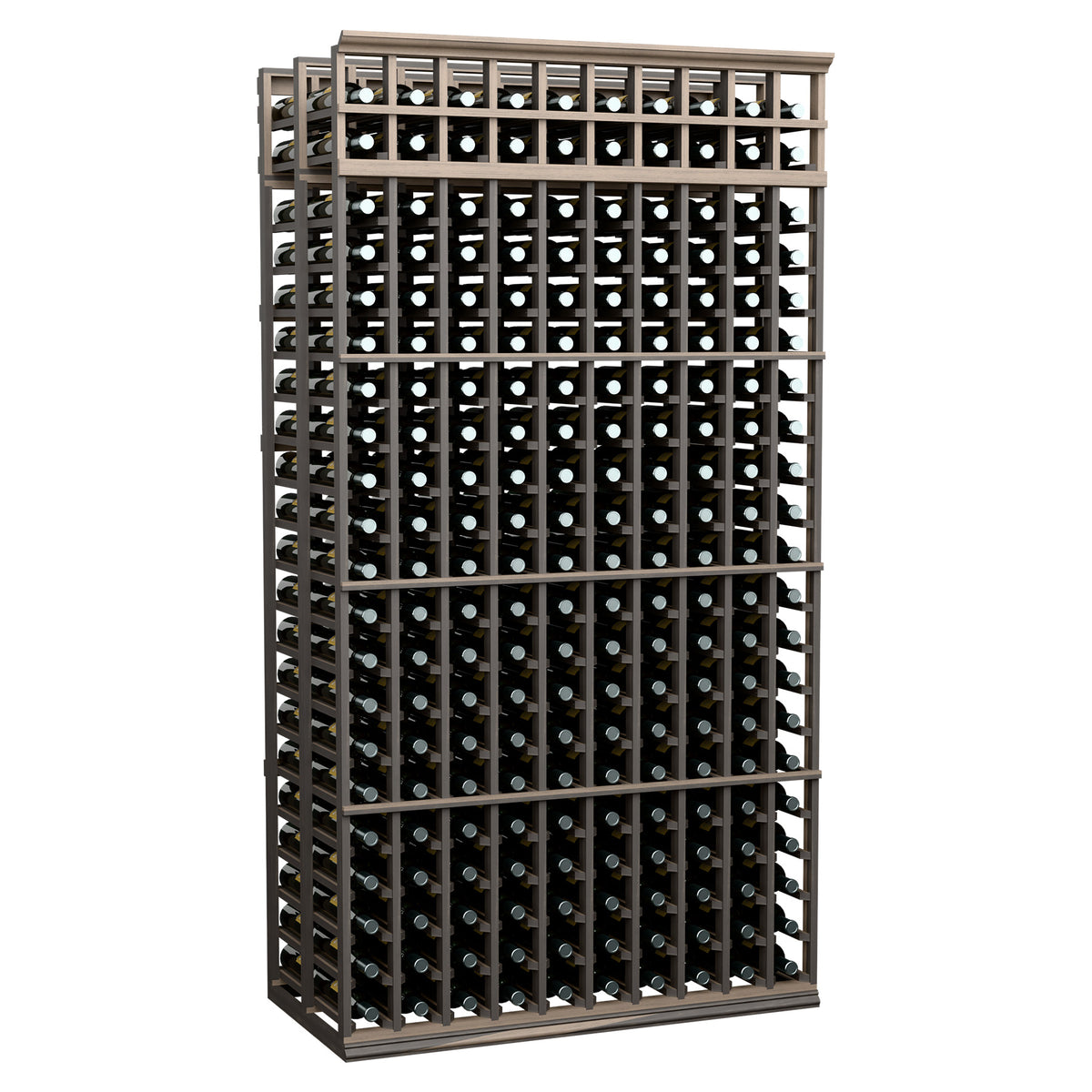 Double deep wine bottle rack with 10 columns, dark wood frame and lattice, front view