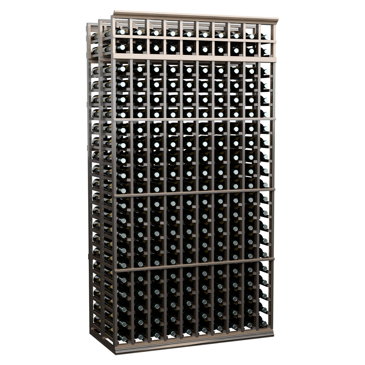 Double deep wine bottle rack with 10 columns, dark wood frame and bottle slots, front view