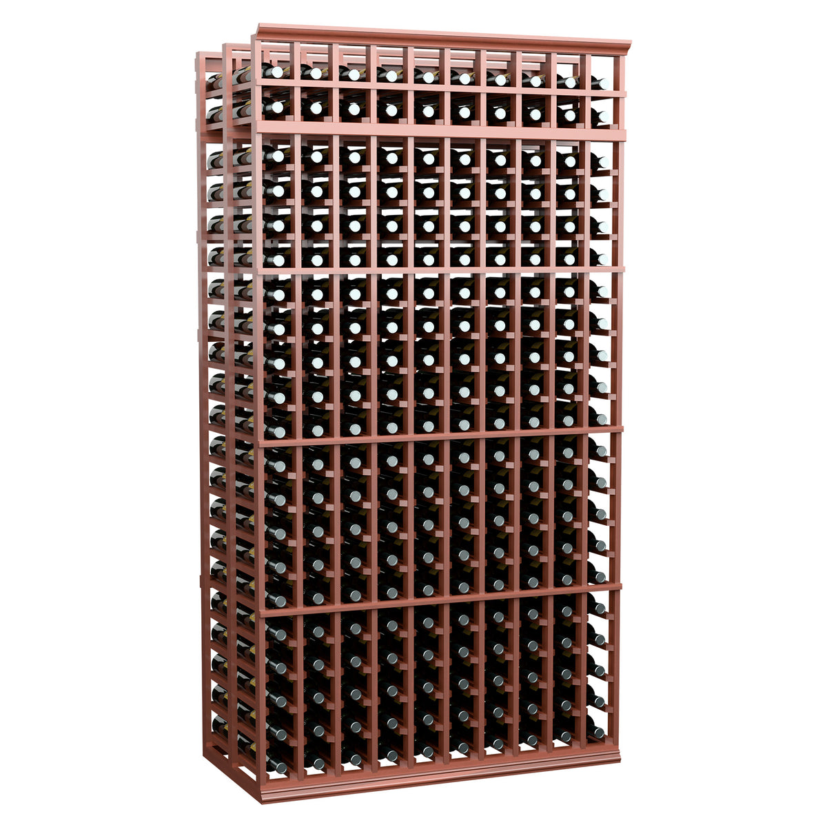 Double deep wine bottle rack with 10 columns, reddish-brown wood frame and front lattice