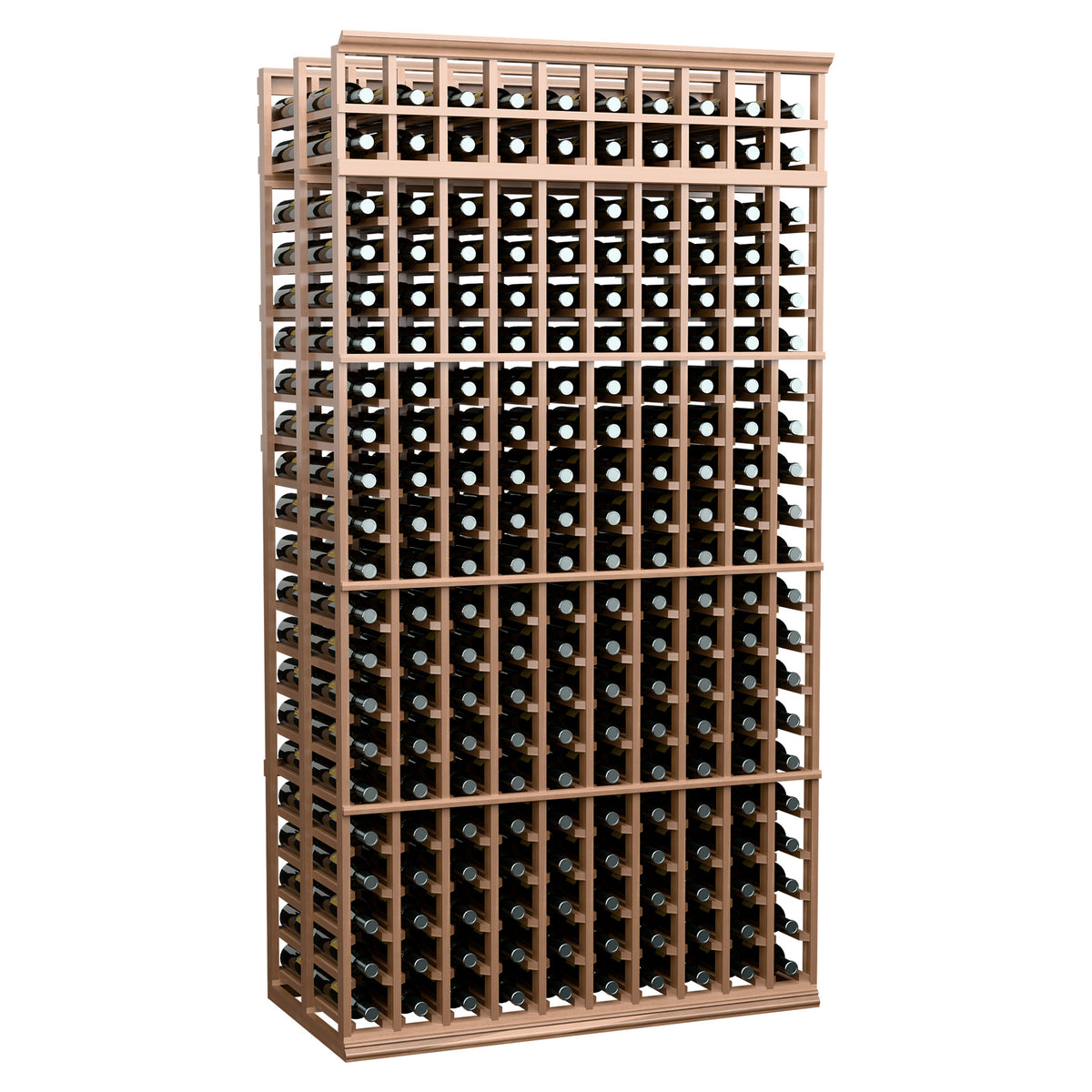 Double deep wine bottle rack with 10 columns, light wood frame and lattice bottle rows