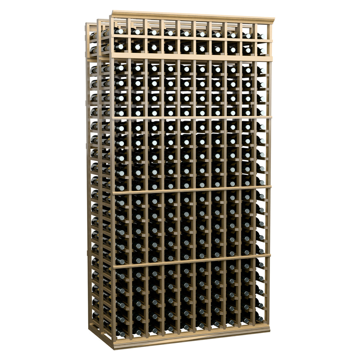 Double deep wine bottle rack with 10 columns, light wood frame and bottle slots, front view